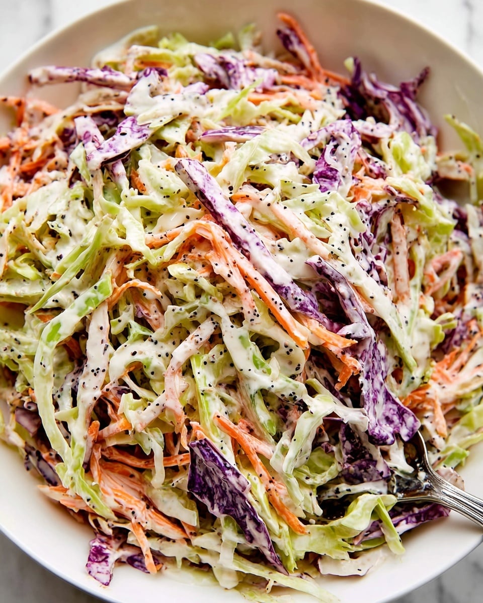 This image shows a close-up of a bowl filled with coleslaw, featuring thin layers of shredded green cabbage, purple cabbage, and orange carrot strips mixed evenly. The coleslaw is coated with a creamy white dressing scattered throughout, with small black seeds visible on top. The textures of the shredded vegetables look fresh and crunchy. A silver spoon is partially seen on the right side of the white bowl, resting inside the coleslaw. The background has a white marbled texture. photo taken with an iphone --ar 4:5 --v 7