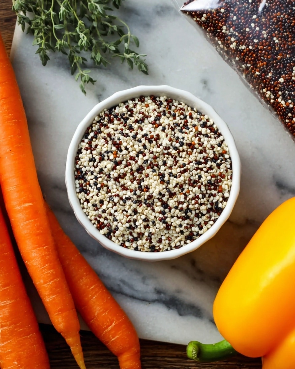 The image shows a small white bowl filled with a mix of white, black, and red quinoa grains. Around the bowl, there are three orange carrots on the left, a yellow bell pepper on the right, a few green herbs at the bottom, and another package of quinoa at the top right corner. All items are placed on a white marbled surface. Photo taken with an iphone --ar 4:5 --v 7