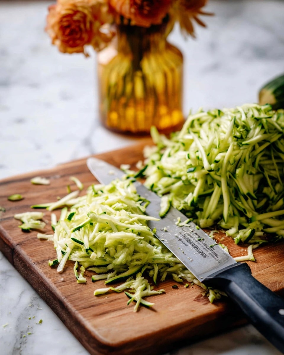 The image shows a wooden cutting board with three main piles of shredded green zucchini with dark green skins and pale green insides. A sharp knife with a black handle rests on the board in front of the piles, some zucchini strands are stuck on its blade. The background includes a small amber glass vase holding soft-focus orange flowers, all set on a white marbled surface. Photo taken with an iphone --ar 4:5 --v 7
