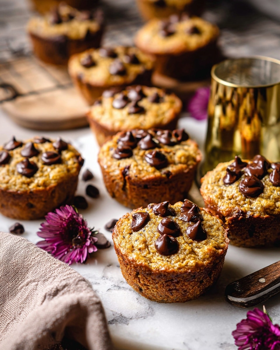 A close-up view of eight golden brown muffins with a rough texture, each topped with several shiny dark chocolate chips scattered on top. The muffins are wrapped in brown paper liners and arranged on a piece of beige cloth and a large knife with a white wooden handle, all placed on a white marbled surface. Some loose chocolate chips are also scattered around the muffins. To the left, there is a small shiny yellow-gold metal cup with a dark red flower next to it. The scene has warm lighting with soft shadows. Photo taken with an iphone --ar 4:5 --v 7