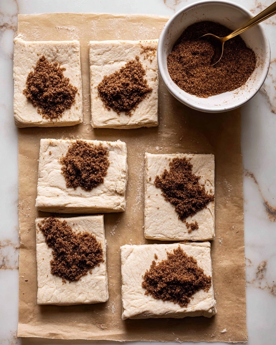 The image shows eight rough rectangular dough pieces on parchment paper with a few piles of brown sugar-like mixture placed on five of them. The dough pieces are pale beige with a slightly grainy texture, and the sugar piles are dark brown, granular, and loosely heaped slightly off-center on each dough piece. A white bowl with some brown sugar and a gold spoon rests at the top right, partially filled with the sugary mixture. The background is a white marbled texture. photo taken with an iphone --ar 4:5 --v 7