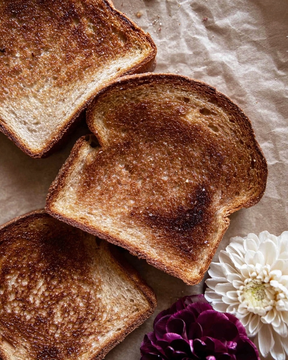 The image shows four slices of toasted brown bread placed on a brown parchment paper surface. Each slice has a crispy texture with a golden to dark brown color spreading unevenly, showing a mix of light and darker toasted areas. There are two flowers at the bottom right corner, one dark purple and fully bloomed and one white, soft, and layered. The overall setting is simple, highlighting the toasted bread and flowers on a plain background. Photo taken with an iphone --ar 4:5 --v 7