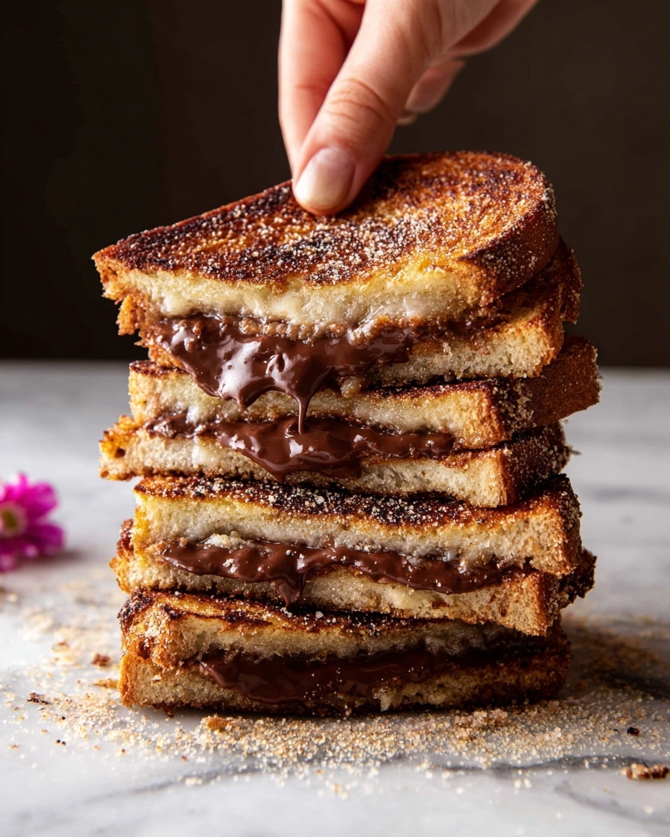 This image shows a sandwich made of two thick slices of golden brown toasted bread, crispy on the outside. Inside the sandwich, melted dark chocolate is oozing out, rich and shiny, with some of it dripping onto the light brown parchment paper below. There is one whole sandwich and another partially eaten one to the right. In the background to the left, a small round white bowl is partially seen, filled with what looks like a creamy dip and some green herbs on top. The surface beneath is a white marbled texture, and there are a few small white flowers scattered around the food. photo taken with an iphone --ar 4:5 --v 7