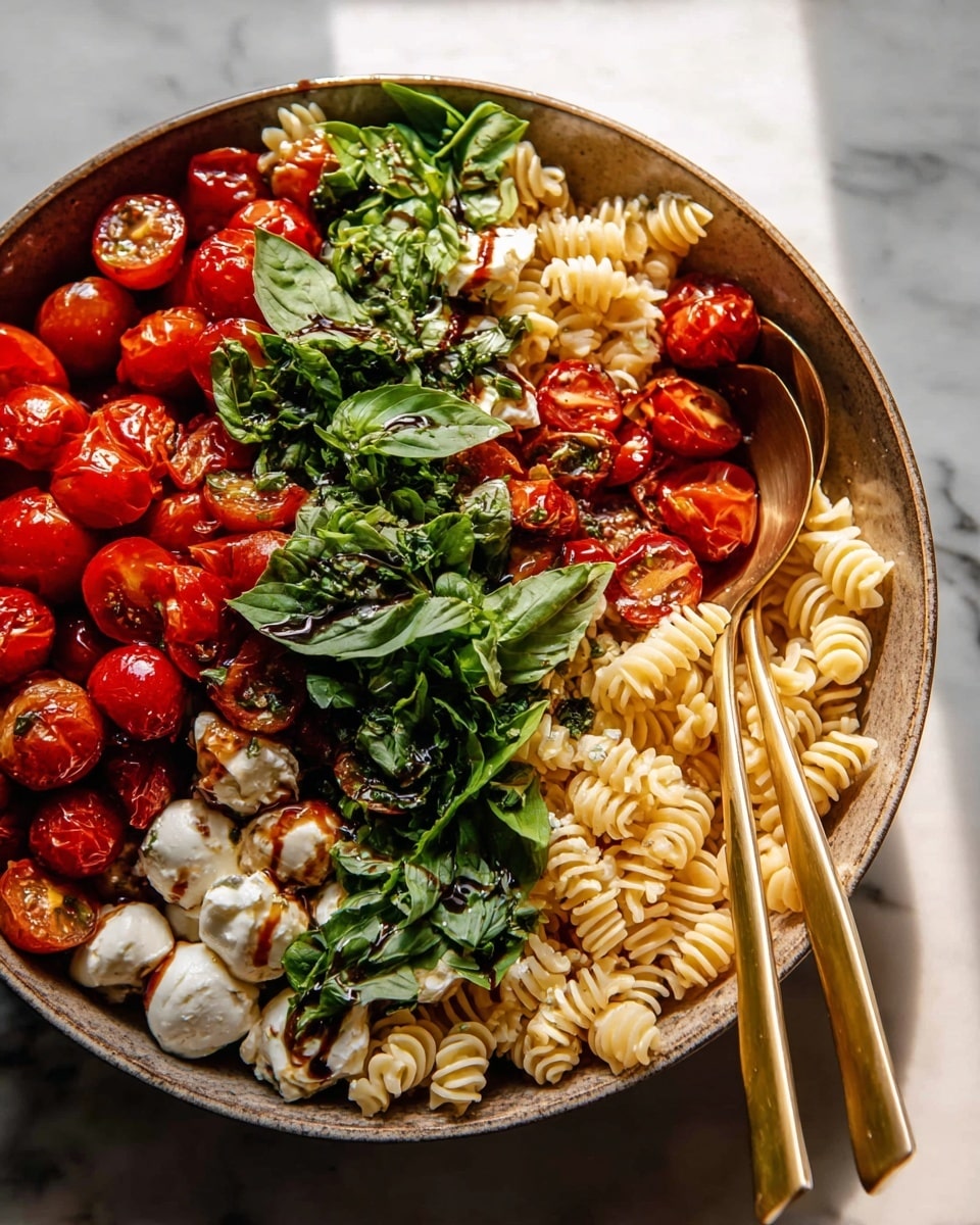 A large bowl filled with four main layers: at the bottom, light beige pasta with a wavy, ridged texture; on the left side, bright red cherry tomatoes, some whole and some halved, fresh and shiny; next to the tomatoes, partly roasted, slightly wrinkled deeper red tomatoes; in the center and right side, a thick layer of fresh green basil leaves and chopped herbs covering parts of soft white mozzarella pieces drizzled lightly with dark balsamic glaze. A pair of golden serving spoons rest on the pasta near the bottom edge of the bowl. The bowl sits on a white marbled surface. Photo taken with an iphone --ar 4:5 --v 7