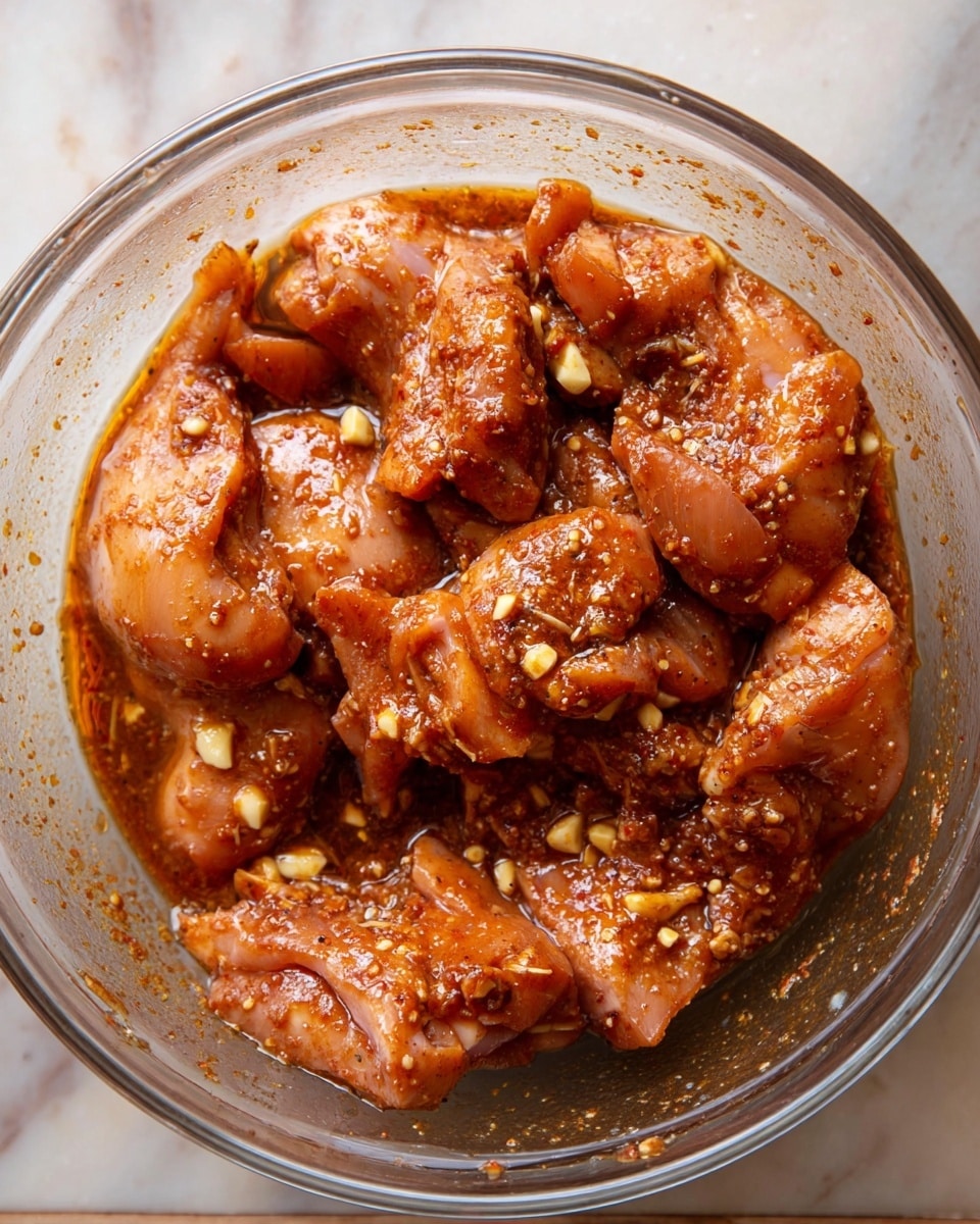 A clear round glass bowl filled with several pieces of raw chicken marinated in a reddish-brown sauce mixed with small bits of garlic and herbs. The chicken pieces have a shiny, wet look as they are fully covered in the sauce, with some marinade pooling at the bottom of the bowl. The bowl sits on a white marbled surface. photo taken with an iphone --ar 4:5 --v 7