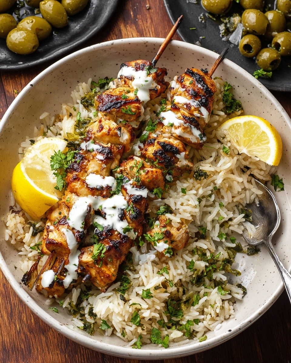 A white bowl filled with a base layer of fluffy white rice mixed with green herbs and green olives. On top, there are two wooden skewers laid across with grilled golden-brown chicken pieces that have charred edges. The chicken is drizzled with white sauce and sprinkled with fresh green herbs. On the side, two lemon wedges are placed, and a silver spoon rests on the rice. The bowl sits on a wooden surface, with another plate partially visible in the background holding more green olives, lemon wedges, and fresh herbs. photo taken with an iphone --ar 4:5 --v 7