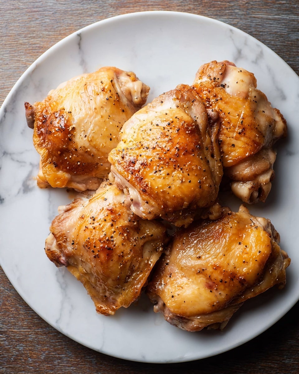 A white plate holds five pieces of cooked chicken thighs, arranged in a loose circular pattern. Each piece has a golden-brown skin with slight crispiness and a glossy texture showing the meat's juiciness. The surface of the chicken skin has small black pepper specks and some browned spots, creating a natural, rustic look. The background shows a white marbled texture beneath the plate. photo taken with an iphone --ar 4:5 --v 7