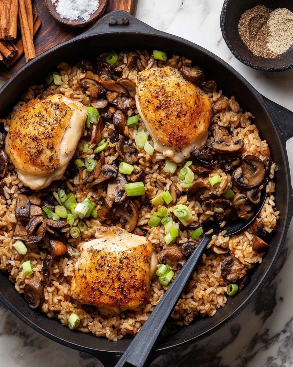 A black pan filled with a layer of cooked brown rice mixed with dark brown mushroom slices and small green pieces of scallion. On top are three golden brown cooked chicken pieces, slightly crispy and seasoned with black pepper. More sliced green scallions are spread over the chicken and rice, adding a fresh green touch. A black spoon rests inside the pan on the rice. The background shows a white marbled texture surface with a small black bowl containing cinnamon sticks and salt. Photo taken with an iphone --ar 4:5 --v 7