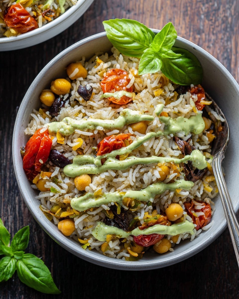 A white bowl filled with one main layer of mixed rice, showing white and lightly browned grains, mixed with small yellow chickpeas, red roasted cherry tomato pieces, dark olives, and small onion bits; green sauce is drizzled over on top in thin streaks, and fresh green basil leaves are placed on top for garnish; a silver fork rests inside the bowl on the right, and the bowl is set on a dark wooden surface. photo taken with an iphone --ar 4:5 --v 7
