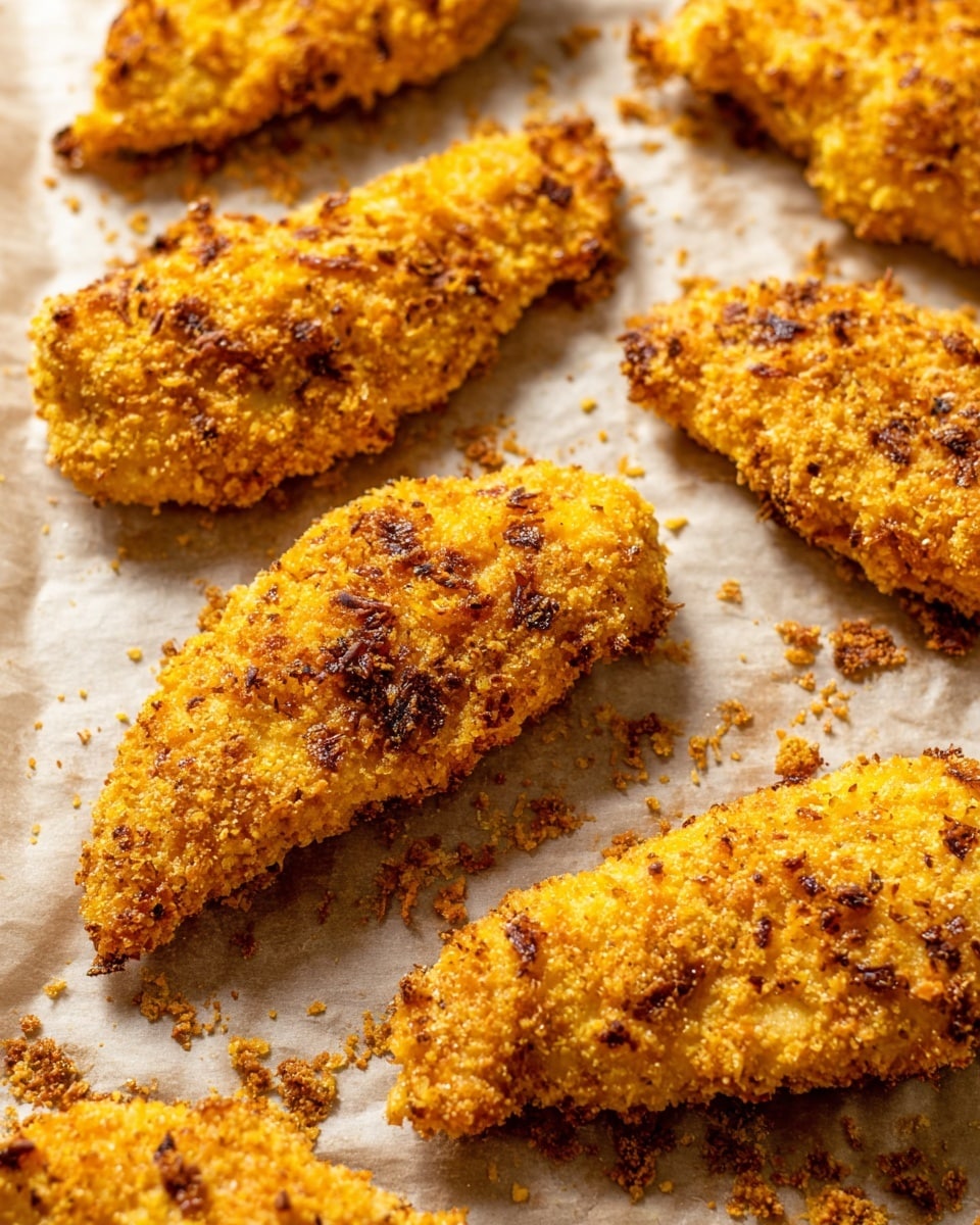 The image shows a close-up of several crispy baked tenders arranged in loose rows on a sheet of light brown parchment paper. Each tender is covered in a golden-yellow, crunchy crumb coating with darker brown toasted spots, giving a rough and textured look. The tenders vary slightly in size and shape but maintain a consistent layered coating that looks light and crispy. The background is a soft white marbled surface that highlights the warm golden color of the tenders, and scattered small crumbs add to the crispy texture feel. photo taken with an iphone --ar 4:5 --v 7