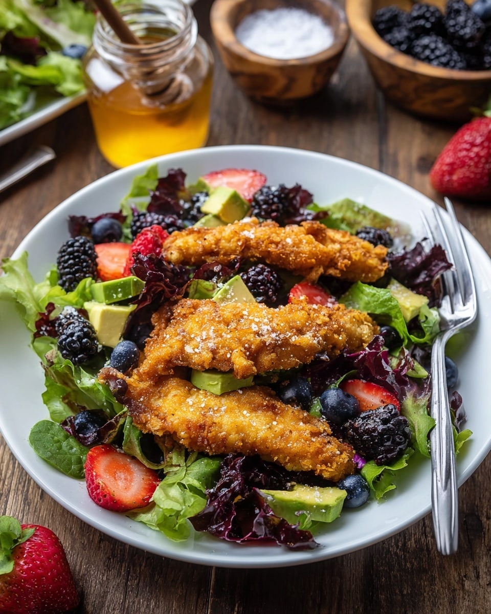 A white bowl filled with a colorful salad showing multiple layers, the bottom layer is a mix of fresh green lettuce leaves in different shades, topped with chunks of light green avocado and slices of red strawberries. On top of this is a layer of dark purple-black blackberries and deep blue blueberries interspersed throughout. The top layer features several crispy, golden-brown breaded chicken strips sprinkled with coarse salt. The bowl sits on a white marbled surface with a jar of amber honey and a wooden dish of coarse salt nearby, and a silver fork partially visible on the right side of the bowl photo taken with an iphone --ar 4:5 --v 7