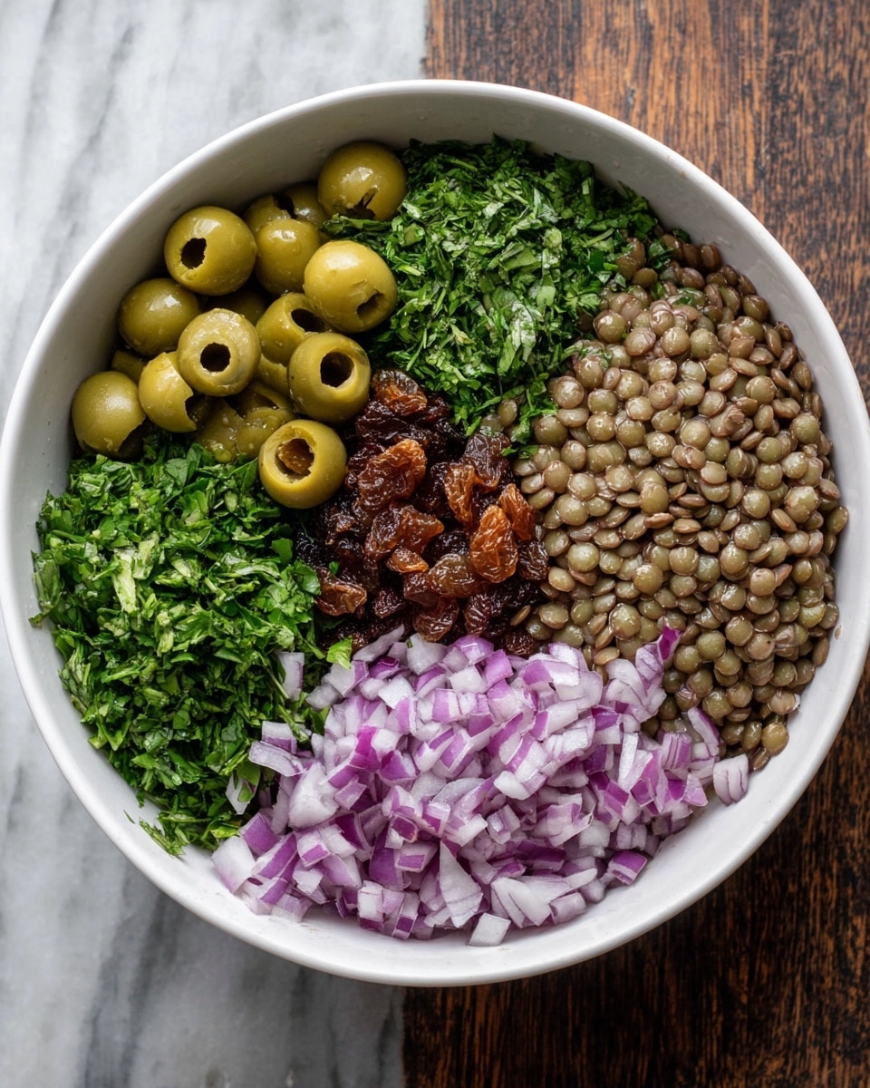 A white bowl filled with five separate layers of ingredients arranged side by side: light brown lentils on the right side, finely chopped fresh green herbs next to the lentils, sliced green olives in the top left corner, small chopped pieces of brown dried fruit below the olives, and finely diced purple-red onions at the bottom left. The bowl sits on a white marbled surface. photo taken with an iphone --ar 4:5 --v 7