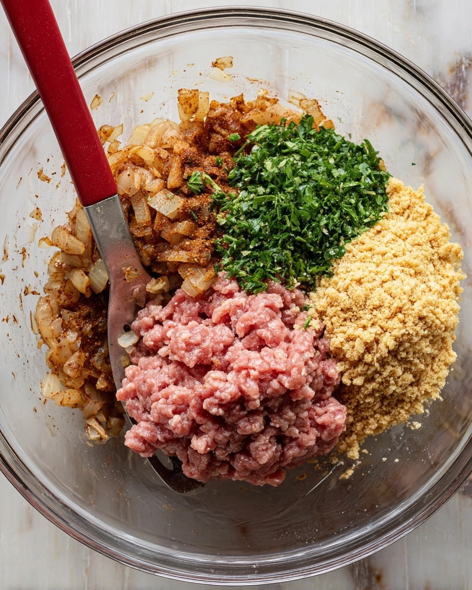 A clear glass bowl holds four main layers arranged side by side: on the bottom left, cooked diced onions seasoned with spices showing a warm brown color and slightly soft texture; to the right of the onions, raw pink ground meat with a smooth and moist appearance; next to the meat on the upper right, a small heap of finely chopped green fresh herbs; and on the bottom right, golden crushed crackers with a coarse texture. A red spatula with a metal handle rests inside the bowl, leaning against the side. The bowl is placed on a white marbled surface. photo taken with an iphone --ar 4:5 --v 7