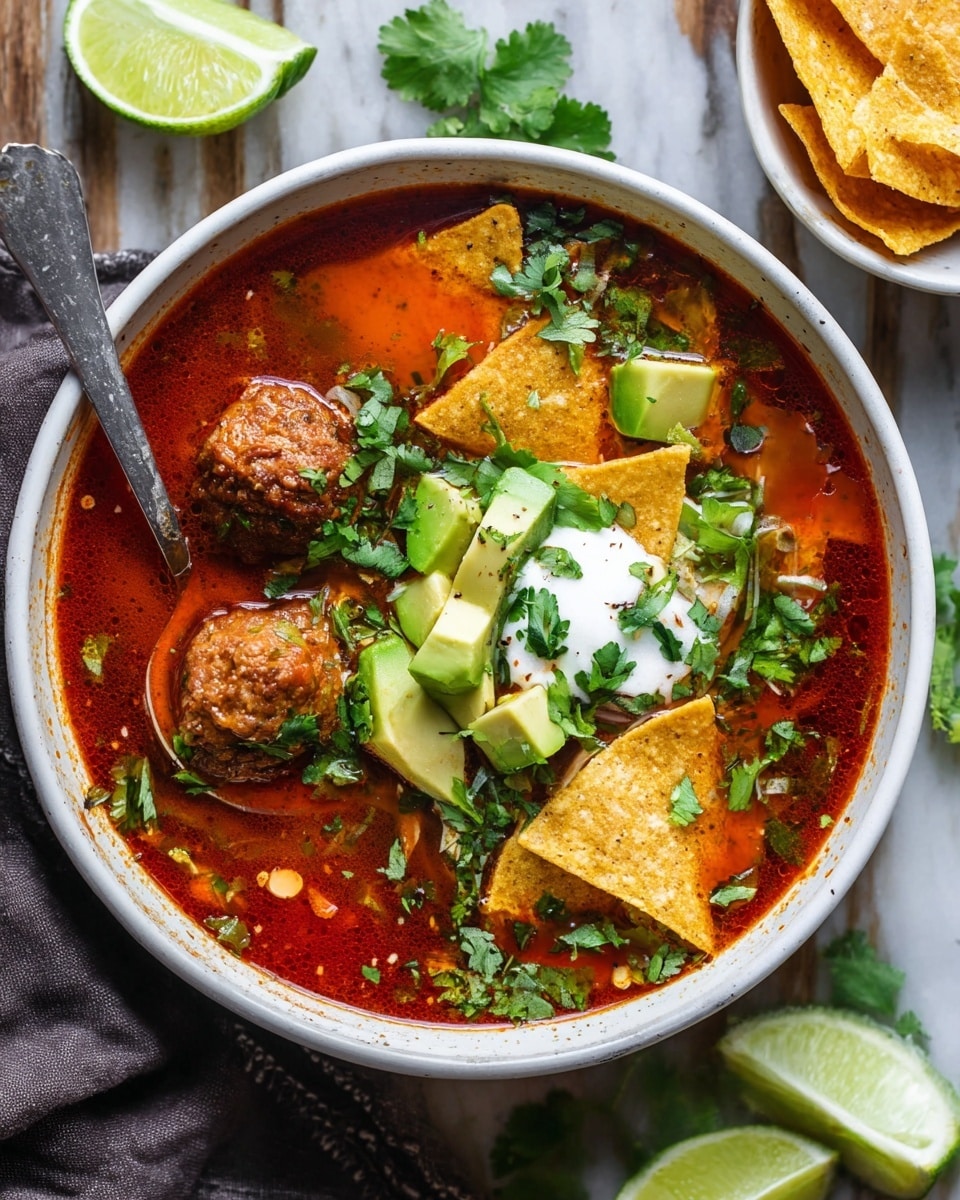 A close-up view of a dark pan filled with a rich red tomato sauce that has a slightly oily surface and visible chunks of cooked tomatoes and soft onions. Scattered through the sauce are ten meatballs, each with a browned and textured top showing bits of herbs and spices embedded in the meat. Bright green fresh cilantro leaves are sprinkled unevenly over the sauce and meatballs. A wooden spoon rests along the edge of the pan, partially covered in sauce. The background surface is a white marbled texture photo taken with an iphone --ar 4:5 --v 7