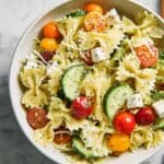 Pesto Pasta Salad with Cherry Tomatoes, Fresh Mozzarella, and Cucumber Recipe