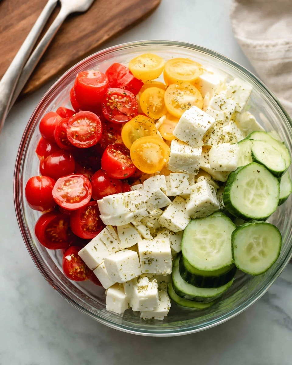 A clear glass bowl is filled with four separate layers arranged side by side: bright red cherry halves on the left, next to a cluster of yellow cherry halves, followed by pale white cubes of cheese with specks of black pepper, and freshly sliced cucumber rounds in varying shades of green on the right. The bowl sits on a white marbled surface with a soft natural light highlighting the freshness and vibrant colors of the ingredients. A wooden board and a fork are partially visible in the background. Photo taken with an iphone --ar 4:5 --v 7