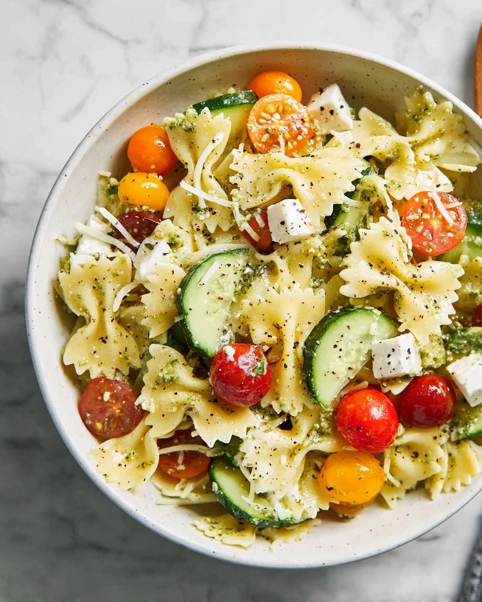A white bowl filled with a colorful pasta salad sits on a white marbled surface. The salad has three main layers: large bowtie-shaped pasta pieces in light yellow form the base, mixed with bright green slices of cucumber. Scattered among them are small, round cherry tomatoes in red and orange, and white cubes of cheese. Thin shreds of white cheese are sprinkled on top, along with a light coating of green pesto sauce and a few black pepper flakes. Photo taken with an iphone --ar 4:5 --v 7