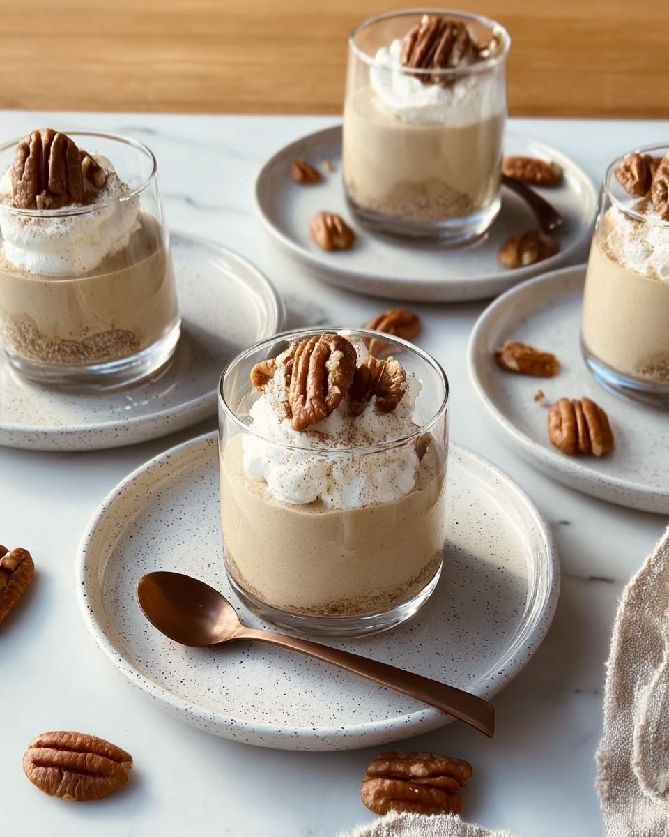 The image shows clear glass cups filled with a light cream-colored mousse, each topped with a small dollop of white whipped cream and a few brown pecan nuts. The mousse has a smooth texture and sits in the bottom two-thirds of each glass. The glasses are placed on white plates with a speckled pattern, arranged on a white marbled surface. Around the glasses and plates, there are scattered pecan nuts for decoration. A bronze-colored spoon rests on the closest plate, next to the glass. Photo taken with an iphone --ar 4:5 --v 7