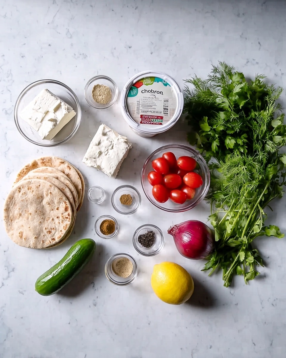 The image shows an arrangement of various fresh ingredients on a white marbled surface. On the left, there are two clear glass bowls, one filled with two white blocks of seasoned cheese and the other with small red cherry tomatoes. Next to these bowls, four small clear dishes hold spices with colors ranging from light cream, brown, to black. At the center is a container of Chobani yogurt, white with a colorful label, beside a stack of three light brown pita breads. To the right, fresh green herbs including cilantro and dill are placed alongside a red onion, a green chili pepper, a lemon, and a green cucumber. The overall setup is neat and well spaced, spotlighting each ingredient clearly. Photo taken with an iphone --ar 4:5 --v 7