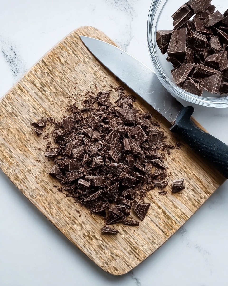 The image shows a wooden cutting board placed on a white marbled surface. On the board, there is a pile of small, uneven pieces of chopped dark brown chocolate. Next to the pile, there is a large kitchen knife with a black handle resting diagonally on the cutting board. In the top right corner of the image, a transparent white bowl filled with chunks of the same dark chocolate is partially visible. Photo taken with an iphone --ar 4:5 --v 7
