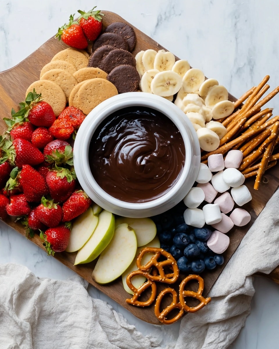 The image shows a white round bowl with handles in the center, filled with smooth dark chocolate. A woman's hand is holding a metal skewer dipping a white marshmallow into the chocolate. Around the bowl, there is a wooden board arranged with layers of fresh red strawberries with green leaves, light tan round cookies, light yellow banana slices, dark blue blueberries, small brown pretzels, light green sliced pears, and more white marshmallows. The board is placed on a white marbled surface with a beige cloth nearby. photo taken with an iphone --ar 4:5 --v 7