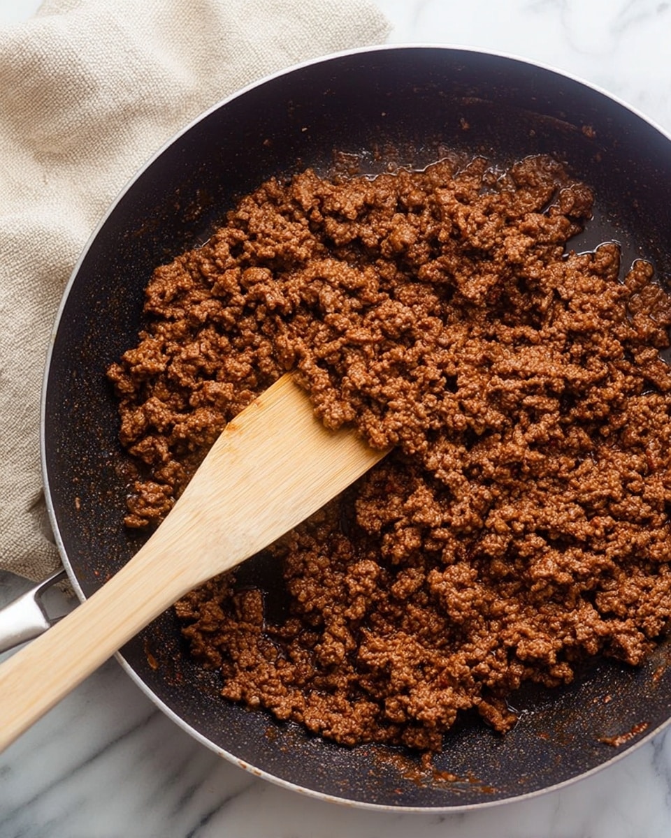 This image shows a close-up of cooked minced meat inside a black frying pan. The minced meat is brown with a slightly oily texture on top, and it covers the entire pan evenly in one layer. A wooden spatula is stirring the meat, positioned diagonally from the bottom center toward the upper right, lifting a small portion of the meat. The pan is placed on a surface with a white marbled texture, and part of a beige cloth is visible at the top left corner. photo taken with an iphone --ar 4:5 --v 7