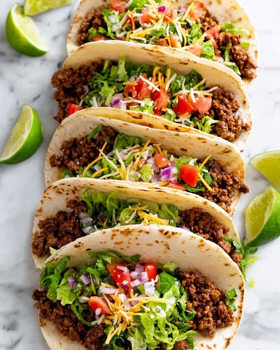 Four soft white tortillas are folded and filled with layers starting from the bottom with cooked ground beef seasoned brown in color, topped with shredded green lettuce, bright red diced tomatoes, finely chopped purple onions, and a mix of yellow and white shredded cheese. The tacos are arranged in a slightly overlapping line on a white marbled surface with three lime wedges placed around them. Some scattered shredded cheese pieces are visible on the surface nearby. Photo taken with an iphone --ar 4:5 --v 7
