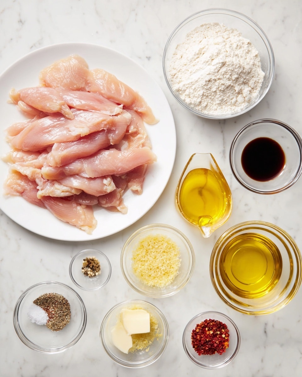 The image shows a white plate filled with several raw, pinkish strips of chicken placed on a white marbled surface. Around the plate, there are small clear glass bowls holding different ingredients: a bowl of white flour at the top center, a bowl of golden yellow honey to the right of the flour, a slightly smaller measuring cup with pale yellow oil, and another measuring cup filled with dark soy sauce. Below these, there are smaller glass bowls with light yellow minced garlic, two bowls of spices—one with black pepper and salt mixed and one with red chili flakes—and a bowl of light yellow butter. The items are arranged neatly and evenly spaced. photo taken with an iphone --ar 4:5 --v 7