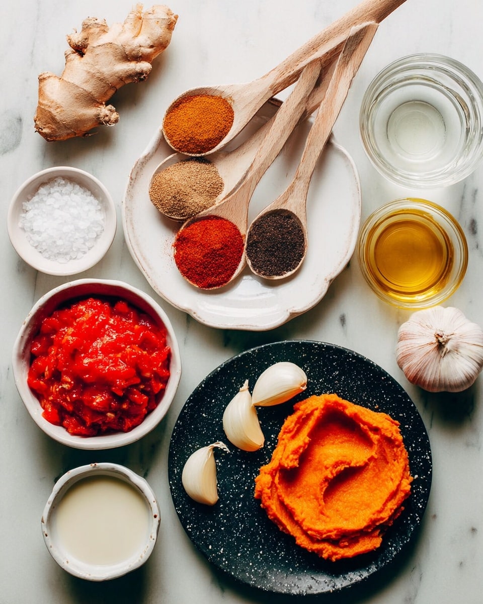 The image shows various ingredients arranged on a white marbled surface. There is a white plate with five wooden spoons placed on it, each filled with different ground spices in shades of light brown, dark brown, orange-red, and black. Next to the plate is a white bowl filled with bright red crushed tomatoes. Below it is a small white bowl containing a creamy white liquid. On the right side, a black speckled plate holds a peeled half of a white onion and two garlic cloves. In the bottom right corner, a white bowl is filled with smooth orange sweet potato puree. Above this plate, a wooden spoon carries coarse white salt, and next to it, a glass of clear water and a small white bowl of golden olive oil are partially visible. A piece of fresh ginger root rests near the top center. Photo taken with an iphone --ar 4:5 --v 7