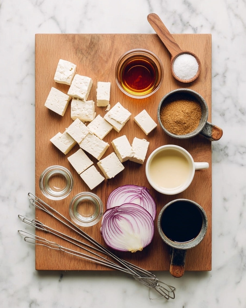 A wooden board on a white marbled surface holds several cooking ingredients neatly arranged: on the left side, there are many white tofu cubes forming a rough square, above them a small wooden spoon with light powder and a small glass cup with dark amber liquid; next to the cup, another small glass cup with clear liquid and just below it, several metal skewers lined up horizontally; in the middle right of the board, a sliced half of purple onion showing white and purple rings; surrounding the onion, a white bowl filled with light-colored liquid, above to the right a gray metal cup filled with brown sugar, next to it a wooden spoon heaped with white powder, and at the bottom right, a gray metal cup filled with dark liquid. photo taken with an iphone --ar 4:5 --v 7