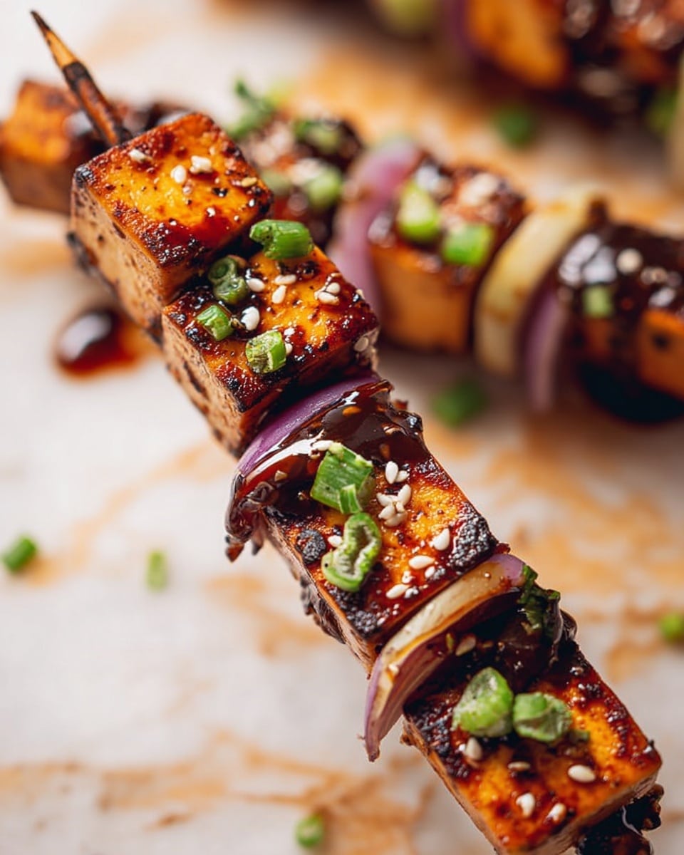 A skewer with five large pieces of grilled tofu, each piece showing a golden-brown color with some charring, alternating with thin slices of purple onion. The tofu pieces are glazed with a shiny dark sauce, sprinkled with white sesame seeds and small green onion pieces on top. The background is blurred but shows more skewers and a white marbled surface. The skewer is held at an angle, close to the camera, making the food the main focus. photo taken with an iphone --ar 4:5 --v 7