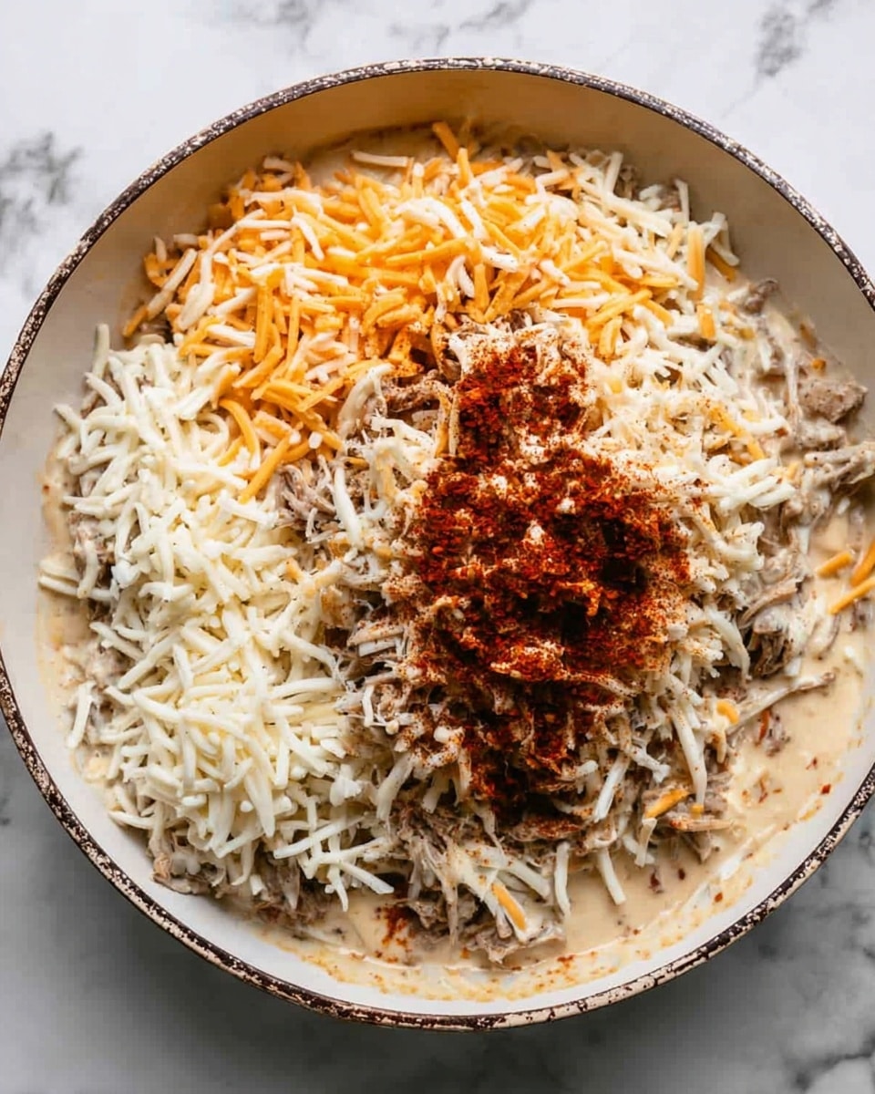 A white pan filled with layers of ingredients: the bottom layer is creamy and light beige, topped with shredded cooked meat in the center. On top of the meat, there are red spices and sauce spread unevenly. Surrounding the meat and sauce is a large pile of mixed shredded cheeses in white and orange colors. The background is a white marbled surface. photo taken with an iphone --ar 4:5 --v 7