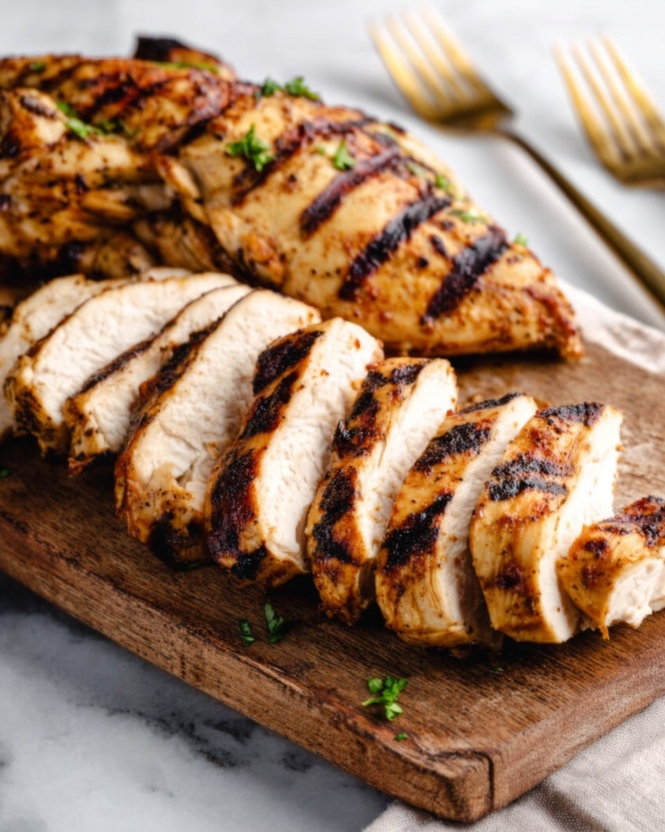 The image shows grilled chicken with dark brown grill marks on a wooden board placed on a white marbled surface. The chicken is partly sliced into thick pieces, stacked in two neat rows in the center and right side of the board, showing the light brown inside and the cooked outside with a slightly charred texture. In the background, the unsliced chicken portion reveals a more textured and grilled surface with some green herb pieces sprinkled on top. Two golden forks are placed on the right side on the white marbled surface. photo taken with an iphone --ar 4:5 --v 7