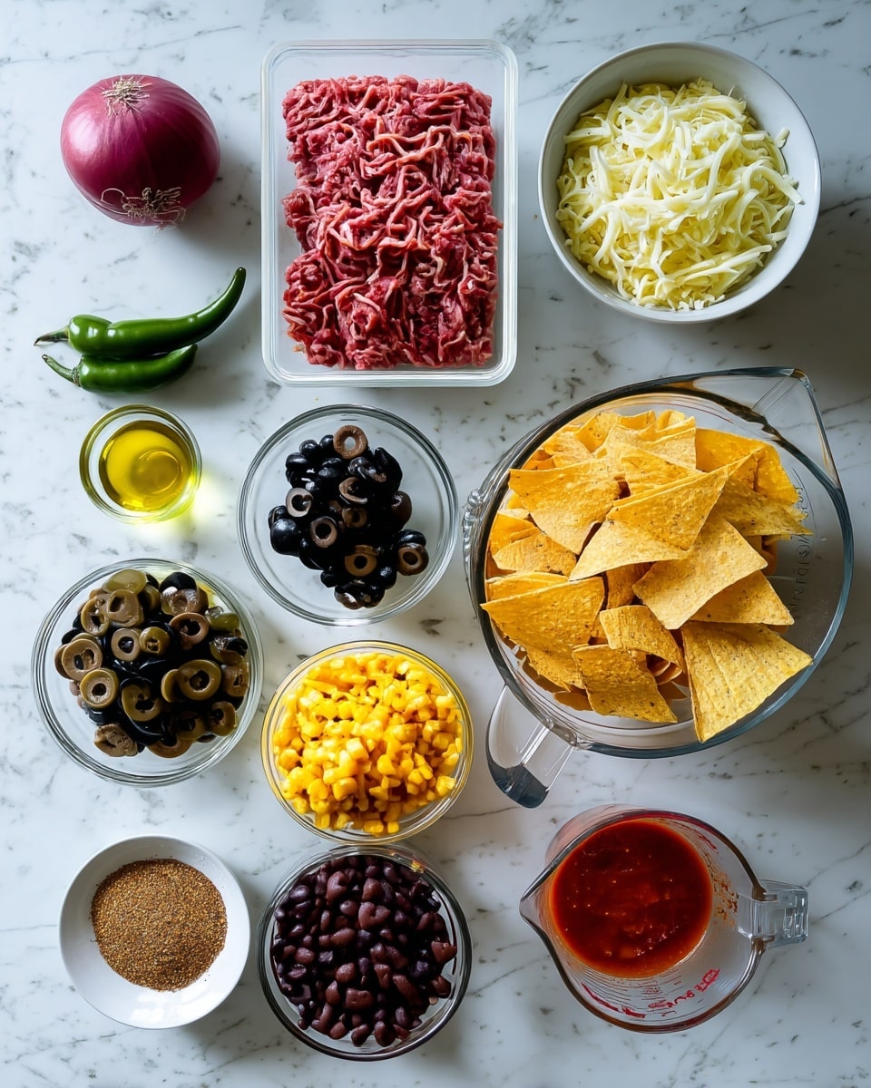 The image shows a white marbled surface with several clear glass containers and white bowls holding different ingredients neatly arranged. There is one large glass measuring bowl filled with yellow tortilla chips on the right side. In front of it, there are three smaller round glass bowls, holding black beans, yellow corn, and sliced black olives from left to right. Next to these, there is a white bowl filled with shredded white cheese. Above, a rectangular clear plastic container holds raw ground meat with a reddish color. To the left side, a white bowl contains a red onion, a whole avocado, a green chili, and a red tomato. A small glass bowl with olive oil is placed next to the meat. A clear glass measuring cup filled with red salsa is seen on the far right side. Finally, a tiny white bowl with a brown spice mix is at the top left corner. Everything is placed on the white marbled surface, giving a clean and organized look. photo taken with an iphone --ar 4:5 --v 7