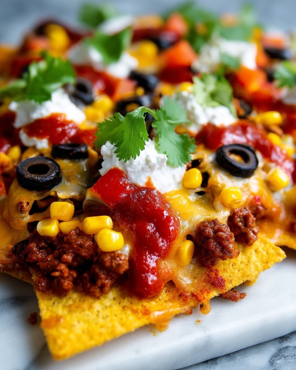 This close-up image shows a layered dish of nachos on a white marbled surface. The base layer is crispy yellow tortilla chips topped with a crumbly layer of cooked brown meat mixed with red bits. Above that is a melted golden-yellow cheese layer, covered with bright yellow corn kernels, black olive slices, and small diced orange tomatoes. There are dollops of white sour cream with specks of red sauce spread on top, and fresh green cilantro leaves add color. The textures show melted cheese stretching slightly between chips. Photo taken with an iphone --ar 4:5 --v 7