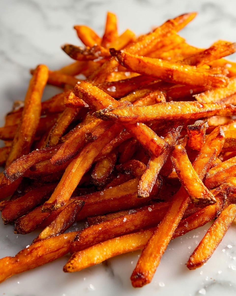 A close-up view showing a large pile of golden brown fries layered unevenly, with each fry having a crispy texture and some darker browned edges that add contrast. The fries vary slightly in thickness and length, filling the entire frame against a white marbled background. The overall look highlights the crispy, crunchy surface and the warm, inviting orange and golden tones. photo taken with an iphone --ar 4:5 --v 7