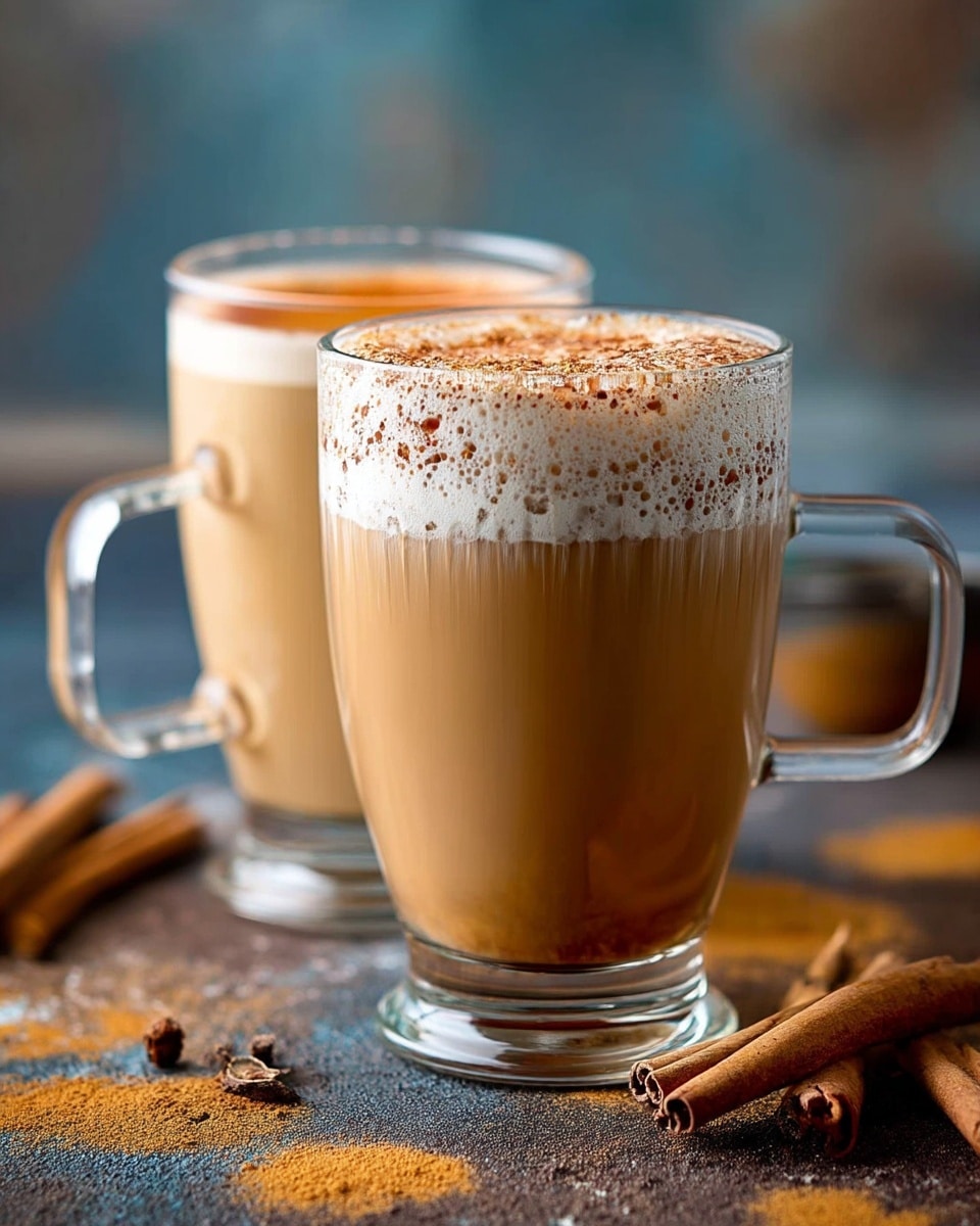 Two clear glass mugs filled with light brown frothy latte topped with a dusting of cinnamon powder. Each mug shows two visible layers: a creamy coffee base with a thick, foamy white layer above it, sprinkled evenly with cinnamon that gives a warm orange-brown color. The mugs are placed on a rustic surface with scattered cinnamon powder in orange patches and three cinnamon sticks near the bottom right. The background features a soft focus showing another latte in a similar glass mug. photo taken with an iphone --ar 4:5 --v 7