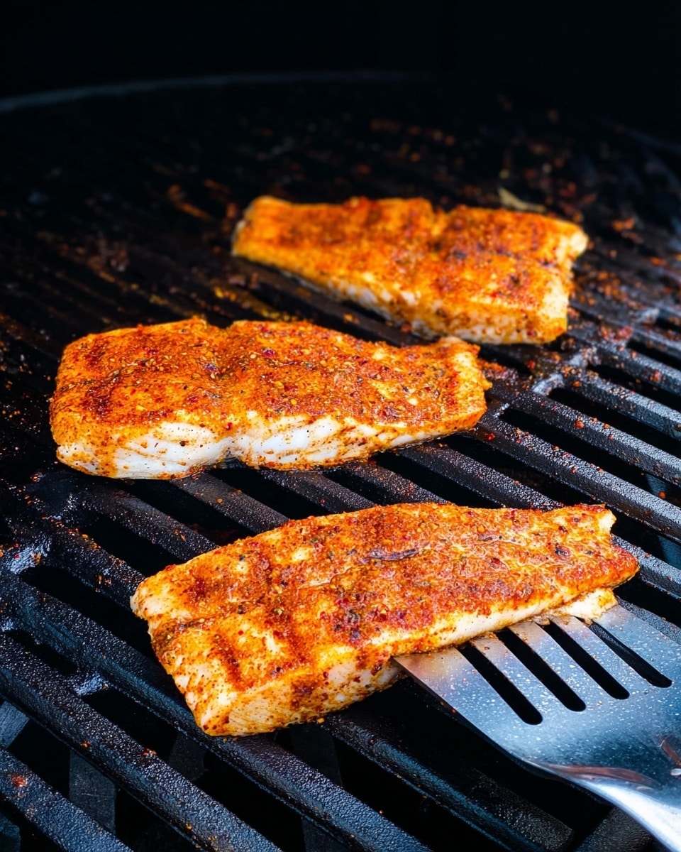 There are four pieces of fish on a dark grill, each piece covered with orange-red seasoning. The two larger pieces are at the top and the two smaller pieces are at the bottom, with a metal spatula holding one of them from beneath. The fish has a light brown color under the spice layers, and the grill has clean black bars with some light showing through between them. The scene looks like the fish is cooking over heat. Photo taken with an iphone --ar 4:5 --v 7