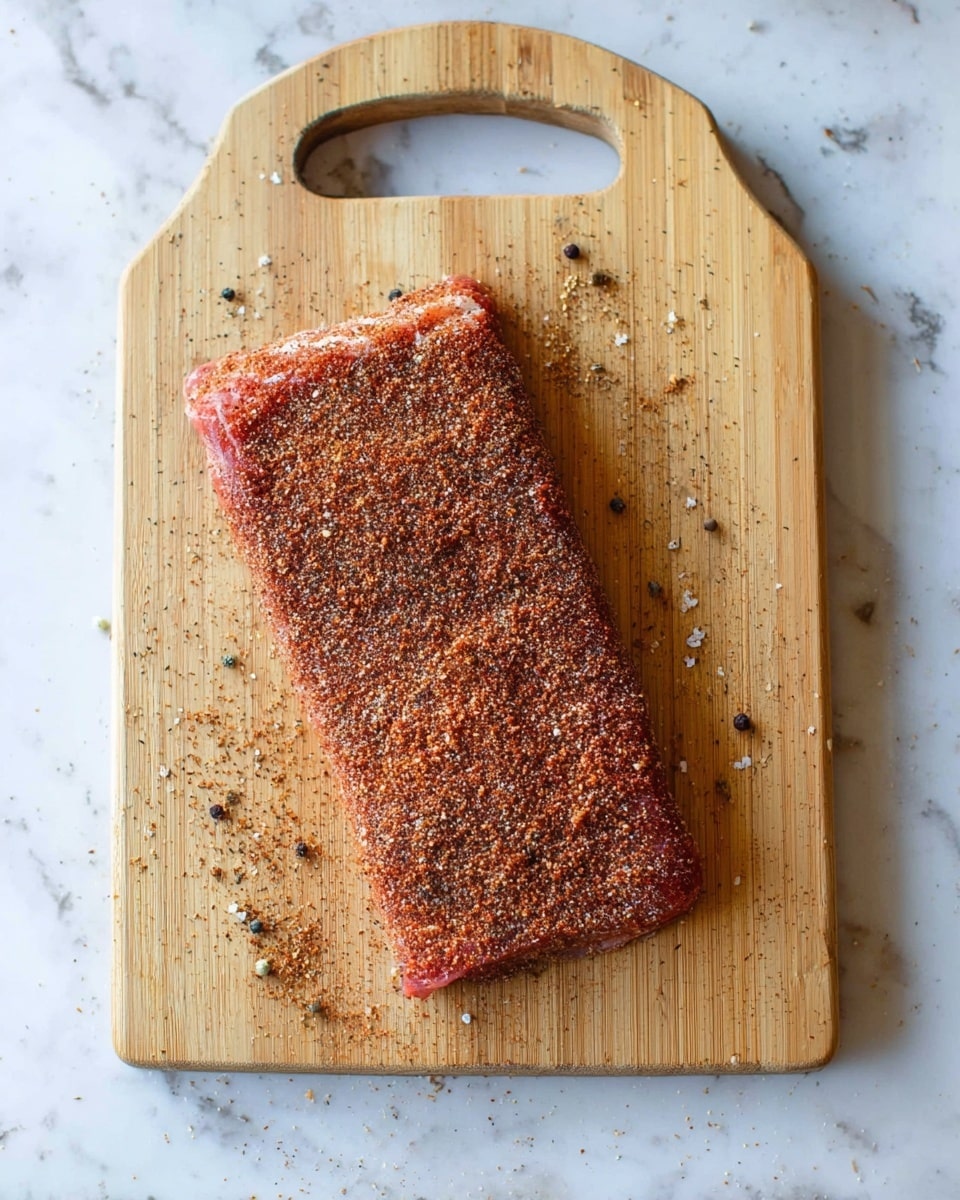 A rectangular piece of raw meat covered evenly with a coarse reddish-brown spice mix that includes small white and black bits, resting on a light wooden cutting board with a handle, placed on a white marbled surface. Some spice bits are scattered around the meat on the board. The meat's texture looks fresh and slightly rough under the spices. photo taken with an iphone --ar 4:5 --v 7