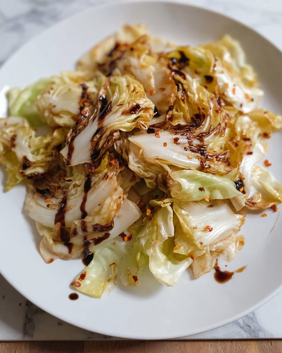 A white plate holds a serving of cooked cabbage leaves that are slightly browned and charred in some parts, giving a mix of light yellow, cream, and dark brown colors. The cabbage pieces are torn into uneven layers, some curled and overlapping, creating a textured and layered appearance. There are small flecks of what looks like chili flakes or seasoning scattered on top, adding tiny touches of red. A drizzle of dark sauce wraps over the cabbage, creating thin streaks and spots across the leaves. The background is a white marbled texture. Photo taken with an iphone --ar 4:5 --v 7