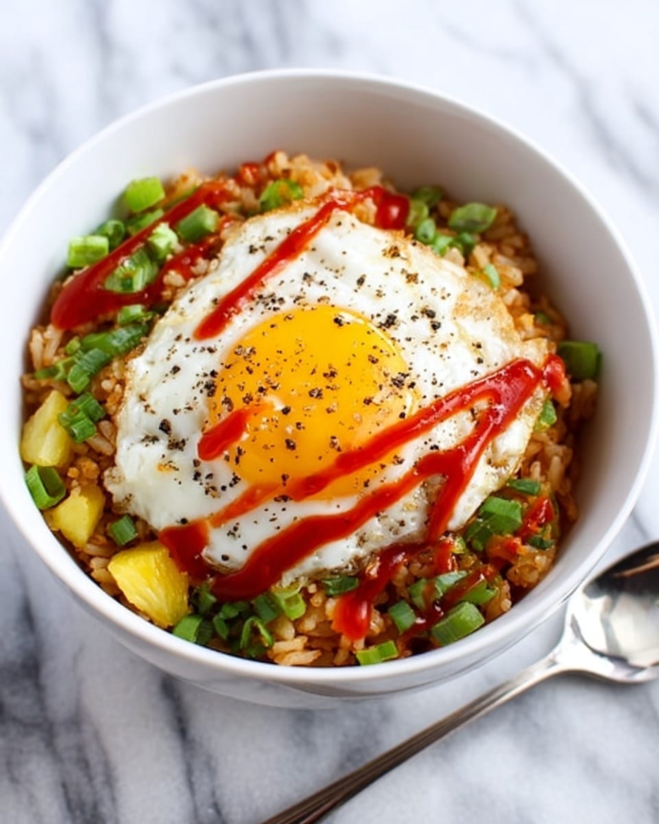 A white bowl filled with two layers: the bottom layer is light brown fried rice mixed with small yellow pineapple pieces and bright green chopped scallions evenly spread throughout; on top sits a perfectly cooked sunny-side-up egg with a vibrant yellow yolk and white edges seasoned with black pepper. Bright red sauce is drizzled over both the egg and rice, adding a bold color contrast. The bowl is placed on a white marbled surface with a silver spoon next to it. Photo taken with an iphone --ar 4:5 --v 7