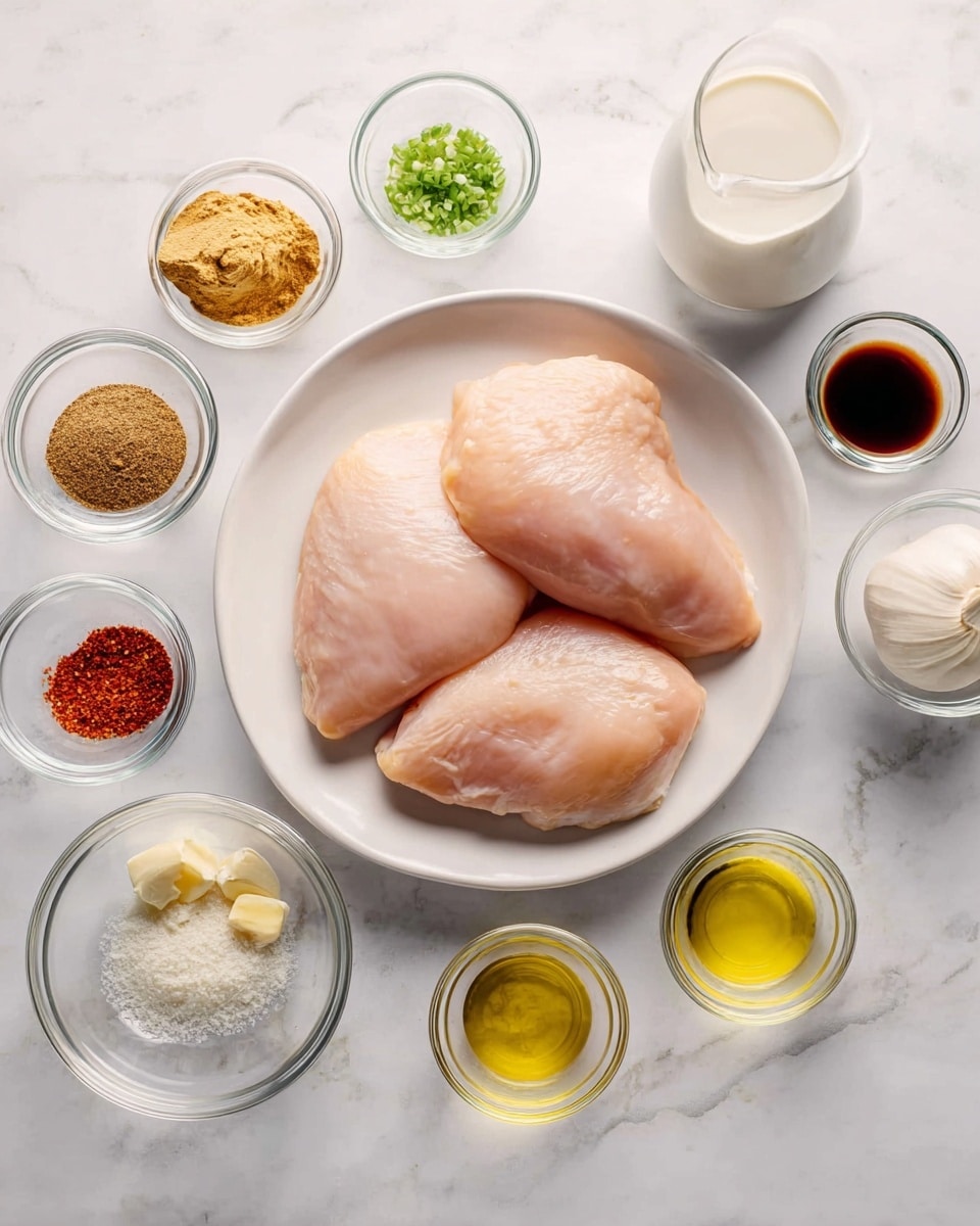 The image shows a white plate in the center with three raw chicken pieces that are pale pink and smooth. Around the plate, there are small clear glass bowls arranged in a circle on a white marbled surface. These bowls contain different ingredients: a light brown creamy paste, dark brown powder, bright green lime zest, white granulated salt, minced garlic, yellowish-green oil, dark soy sauce, red spice powder, clear lemon juice, a small amount of yellow paste, ground black pepper, and a pitcher of white coconut milk. A woman's hand is not visible but implied to be nearby. The scene is bright, clean, and organized for cooking preparation photo taken with an iphone --ar 4:5 --v 7
