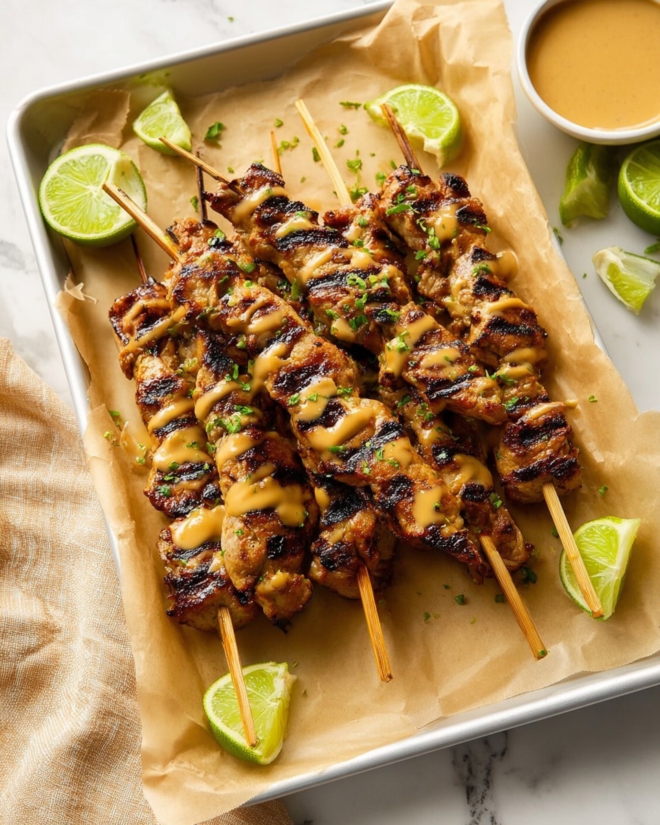 There are six wooden skewers laid out side by side in a shallow white tray lined with brown parchment paper. Each skewer is filled with several pieces of grilled chicken that have dark grill marks and a slightly charred texture, giving a mix of golden brown and deep brown colors. The chicken is drizzled with a light brown sauce and sprinkled with small green herb pieces. Around the skewers, there are some lime wedges with bright green skin and pale green flesh. A white bowl with an orange colored sauce and some herbs floats in the upper left corner on a white marbled surface. photo taken with an iphone --ar 4:5 --v 7