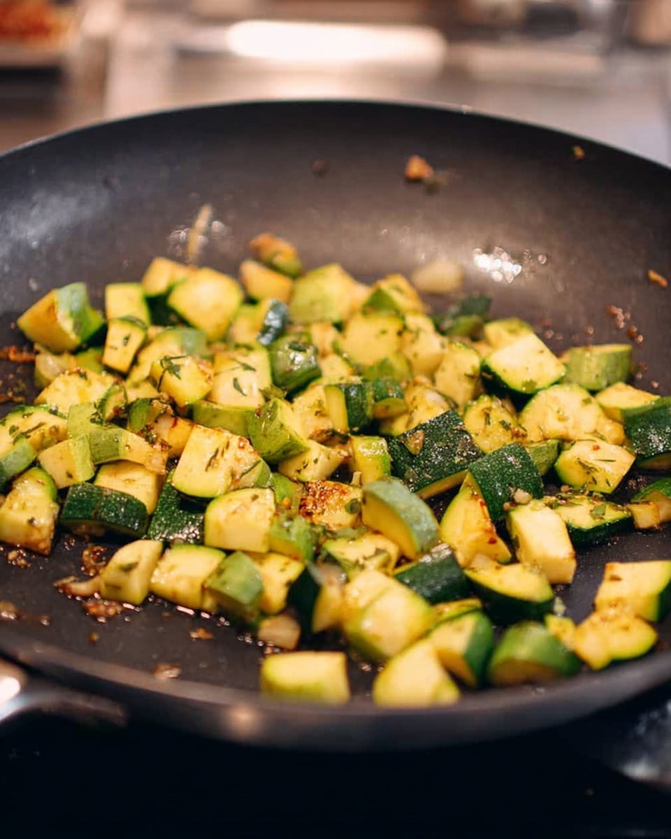 In the image, there is a black frying pan filled with small pieces of cooked zucchini. The zucchini chunks are unevenly sized, showing different shades of green skin and light yellow inside with a light brown sear on some sides. Small bits of herbs and seasoning are scattered throughout, adding texture and specks of darker green and brown on the vegetables. The pan surface shows faint oil reflections and some small browned bits stuck to it. The scene is set against a blurred kitchen background with soft lighting. photo taken with an iphone --ar 4:5 --v 7