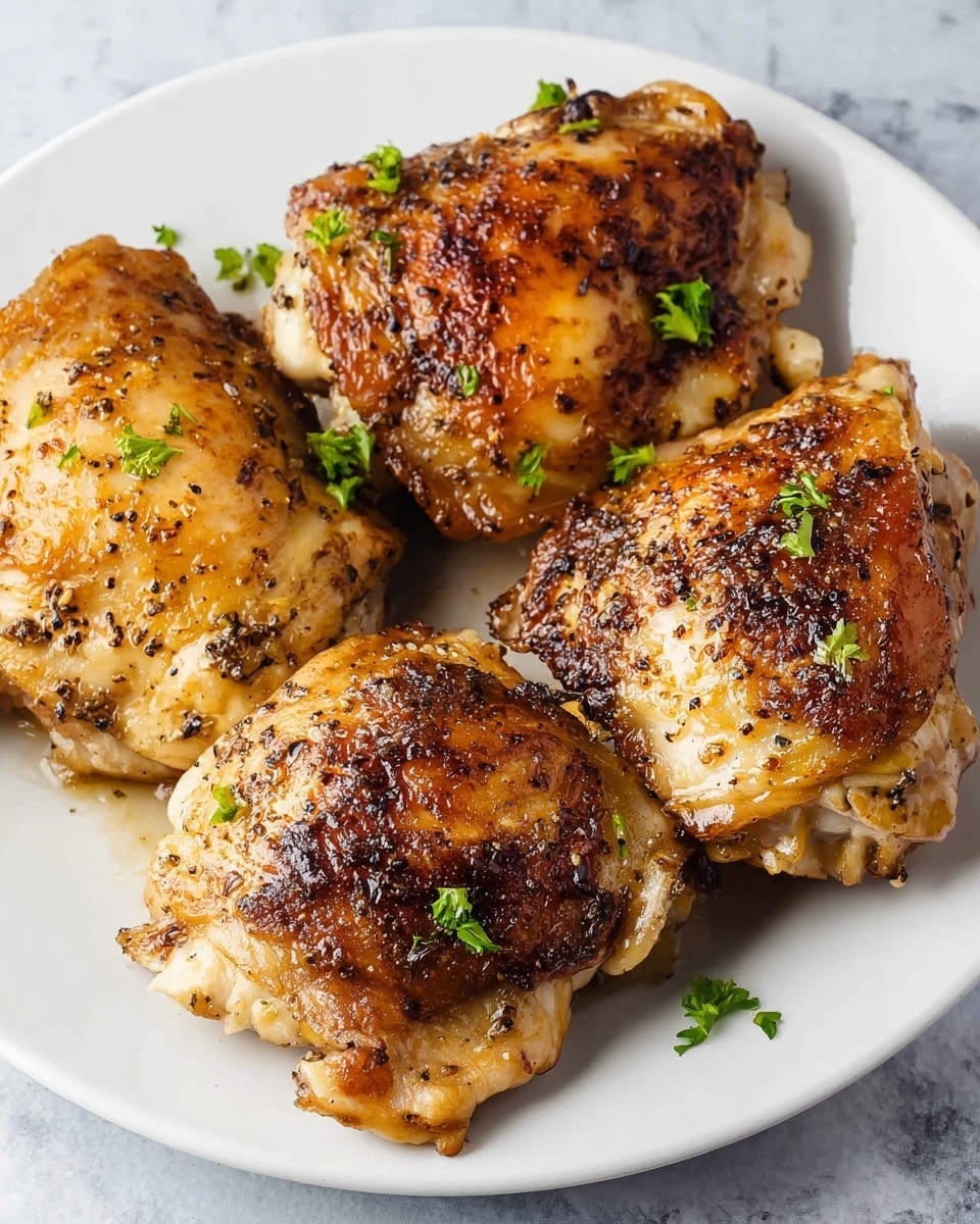 Four pieces of cooked chicken thighs with golden brown, crispy skin sit closely together on a white plate. The chicken pieces show slight charring and are sprinkled with small green parsley leaves for garnish. The skin looks flavorful with a mixture of darker roasted spots and lighter brown areas, with visible black pepper seasoning on top. The plate rests on a white marbled surface. photo taken with an iphone --ar 4:5 --v 7