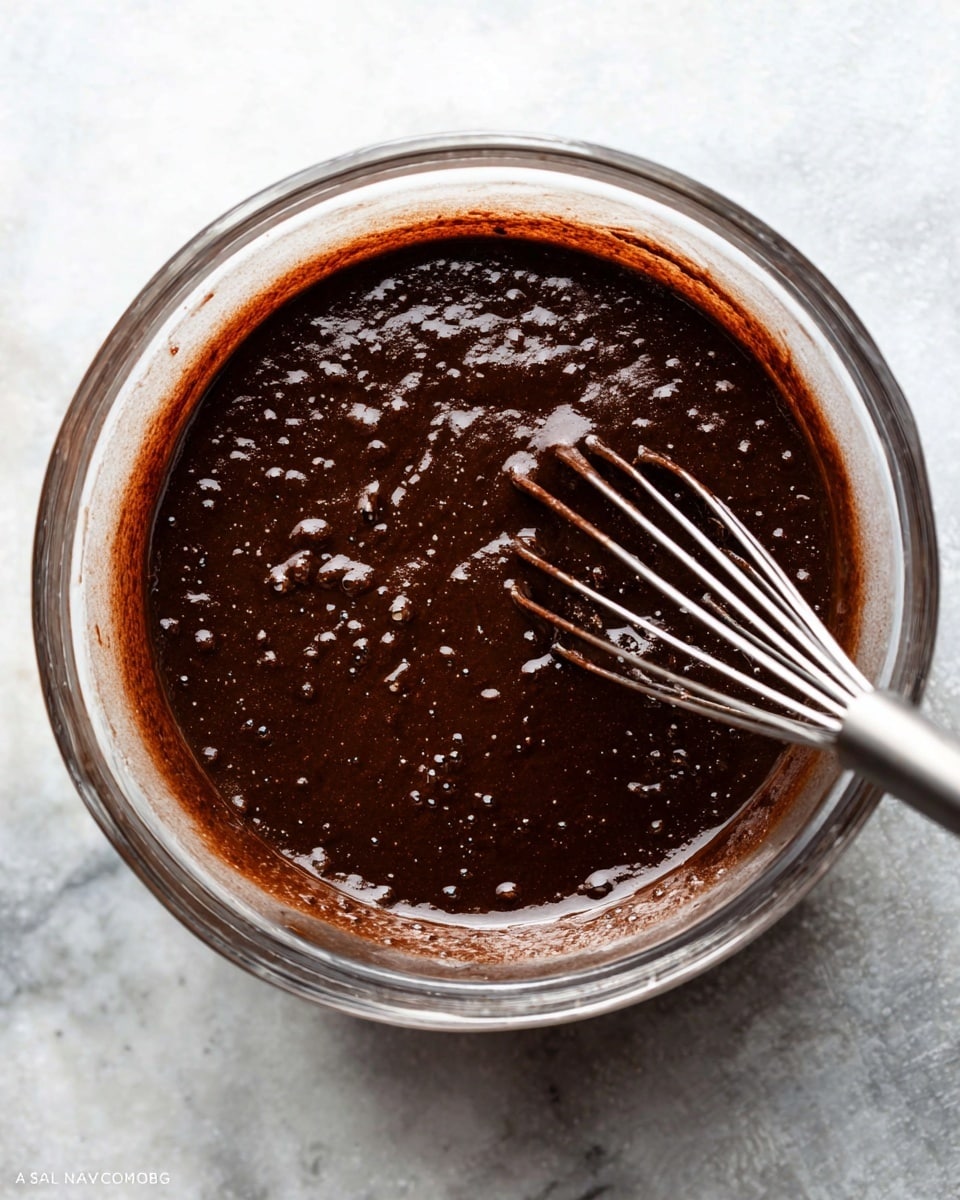 A close-up top view of a clear glass bowl filled with thick, dark brown chocolate batter that looks smooth but with small lumps and bubbles visible. Inside the bowl on the right side, there is a metal whisk partly immersed in the batter with its handle extending out. The bowl is placed on a white marbled surface that adds a soft, bright background to the rich texture of the chocolate mix. photo taken with an iphone --ar 4:5 --v 7