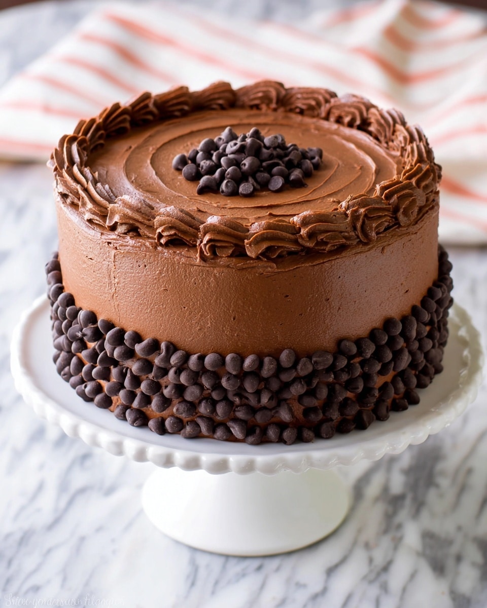 A round chocolate cake with three visible layers covered evenly with smooth, rich brown chocolate frosting. The top of the cake has a swirl pattern in the frosting and a small pile of dark chocolate chips in the center. The sides are decorated with multiple rows of dark chocolate chips stacked neatly from bottom to top. The cake sits on a white cake stand with a scalloped edge, against a white marbled surface with a soft striped cloth in the background. photo taken with an iphone --ar 4:5 --v 7