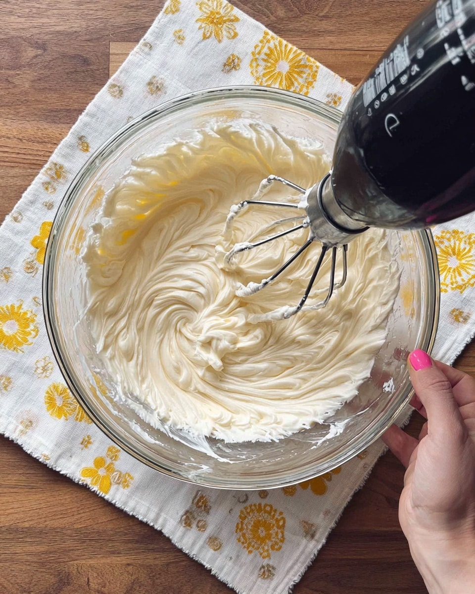 A clear glass bowl filled with creamy, light beige whipped mixture being mixed by a black electric hand mixer with two metal beaters. The mixture has a smooth, thick texture with swirled peaks inside the bowl. A woman's hand with pink nail polish holds the side of the bowl, which is placed on a wooden surface with a white cloth decorated with yellow floral patterns nearby. photo taken with an iphone --ar 4:5 --v 7
