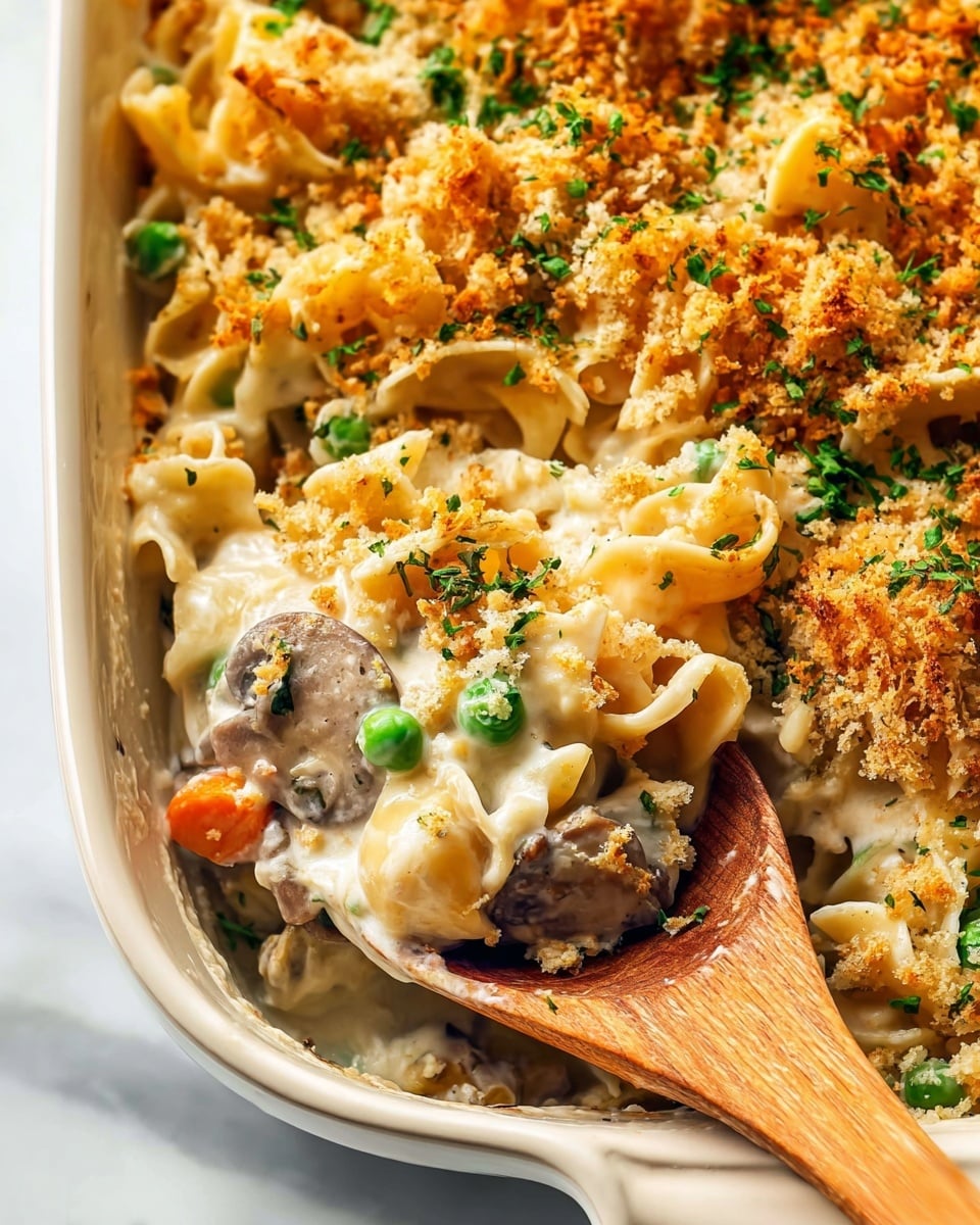 A close-up of a creamy casserole in a white baking dish with three main layers: the bottom layer is thick, white sauce mixed with green peas and small orange carrot pieces; the middle layer is soft, curled pasta noodles covered in mushrooms and sauce; the top layer is a golden-brown crispy crumb topping sprinkled with fresh green herbs. A wooden spoon scoops some of the casserole, showing the creamy texture and chunks of vegetables inside. The dish sits on a white marbled textured surface photo taken with an iphone --ar 4:5 --v 7