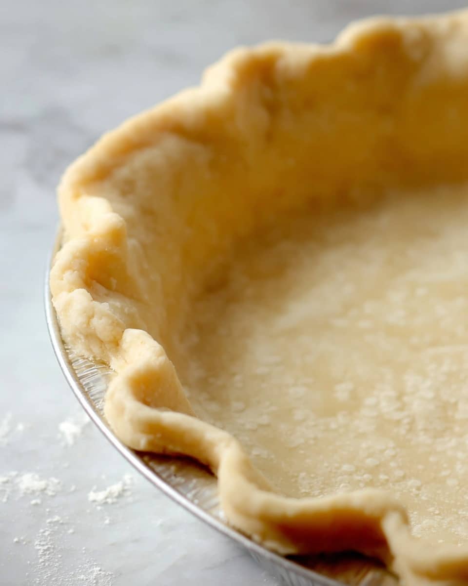 The image shows a close-up view of an unfilled pie crust in a silver pie pan. The crust is light golden in color, with a slightly darker edge that is gently crimped to form a wavy border around the top. The texture of the crust is smooth with some small bubbles on the surface. The pie pan rests on a white marbled surface that is softly blurred. The focus is mainly on the edge of the pie crust, highlighting its soft and flaky texture. Photo taken with an iphone --ar 4:5 --v 7
